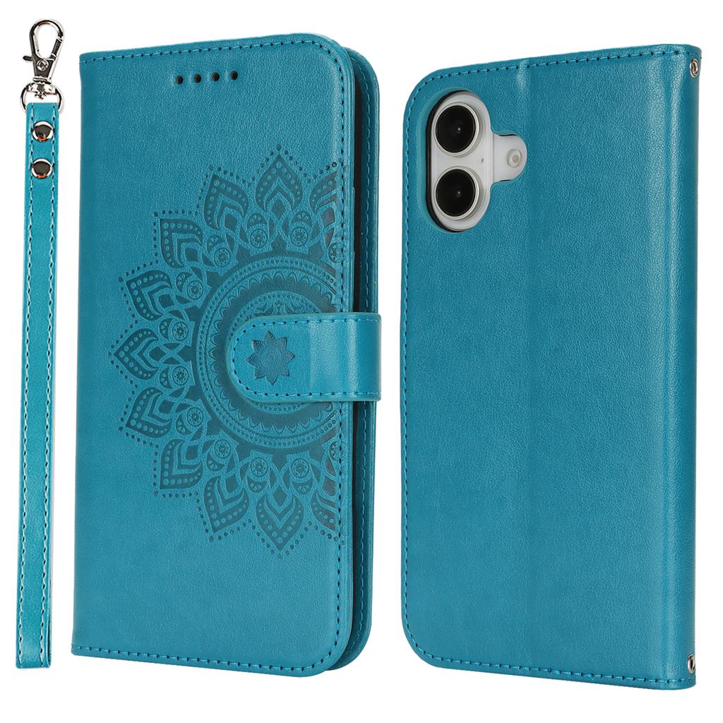 For iPhone 16 Stand Case Textured Leather Wallet Phone Cover with Strap