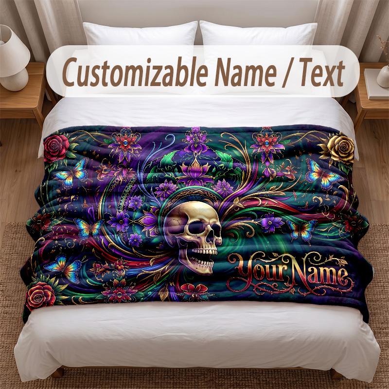 Skull Gothic Theme Soft Blanket Personalized Custom Name Text Print Warm Blanket Home Sofa Bedroom Decor