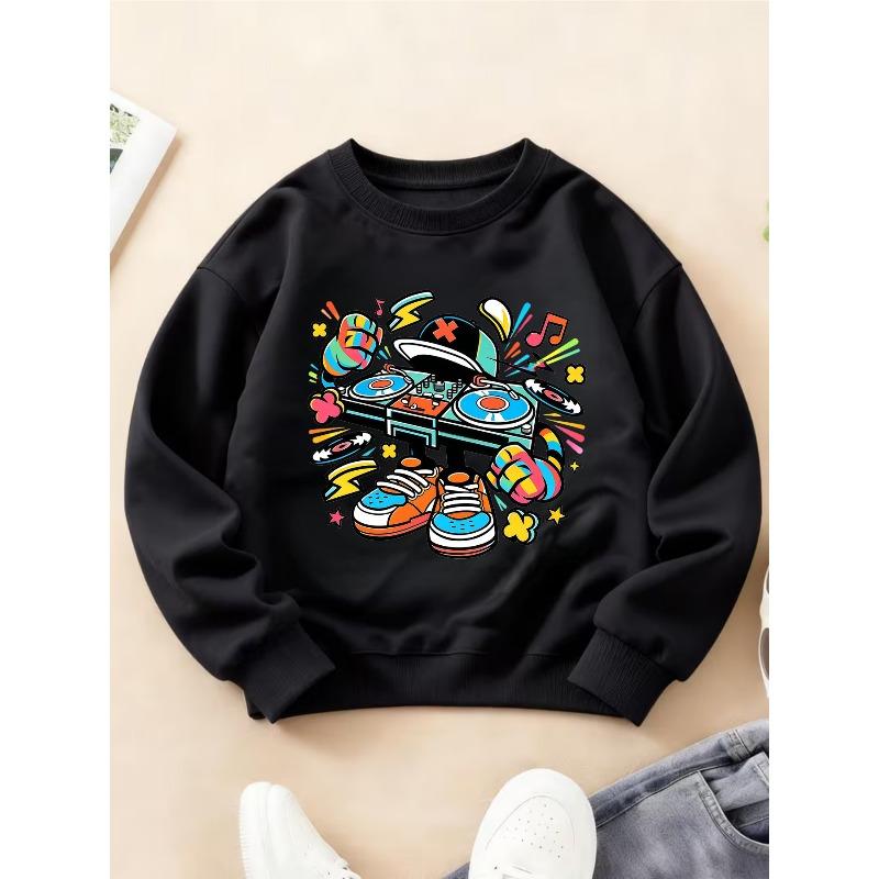Kids Crewneck Sweatshirt, Trendy Cool Street Hip Hop DJ Sneaker Print Long Sleeve Top for Autumn Winter 110