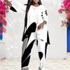 Women Plus Size Two Piece Set Round Neck Long Sleeve Black White Striped Printed Layered Top And Long Pants