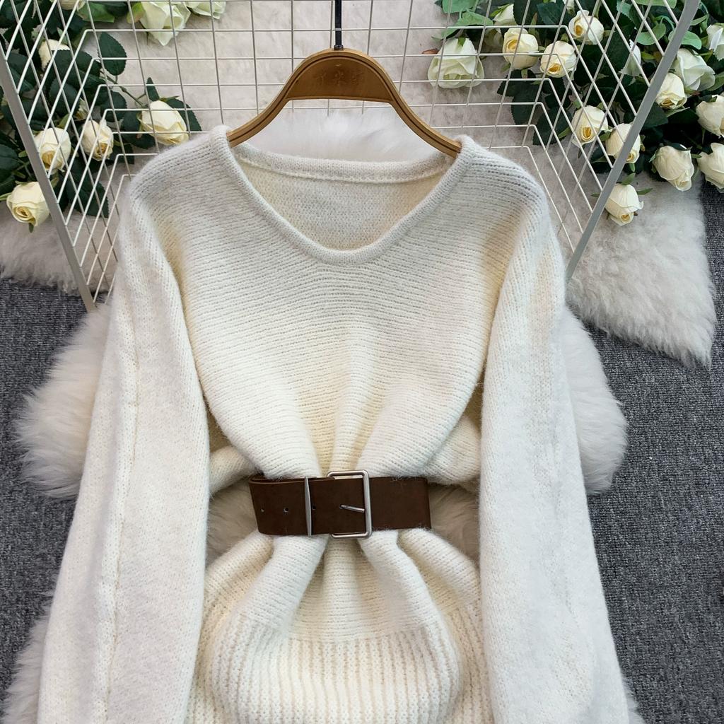 Autumn Winter Women Elegant O-neck Knitted Sweater Chic Mini Short Straight Pullover Dresses with Belt