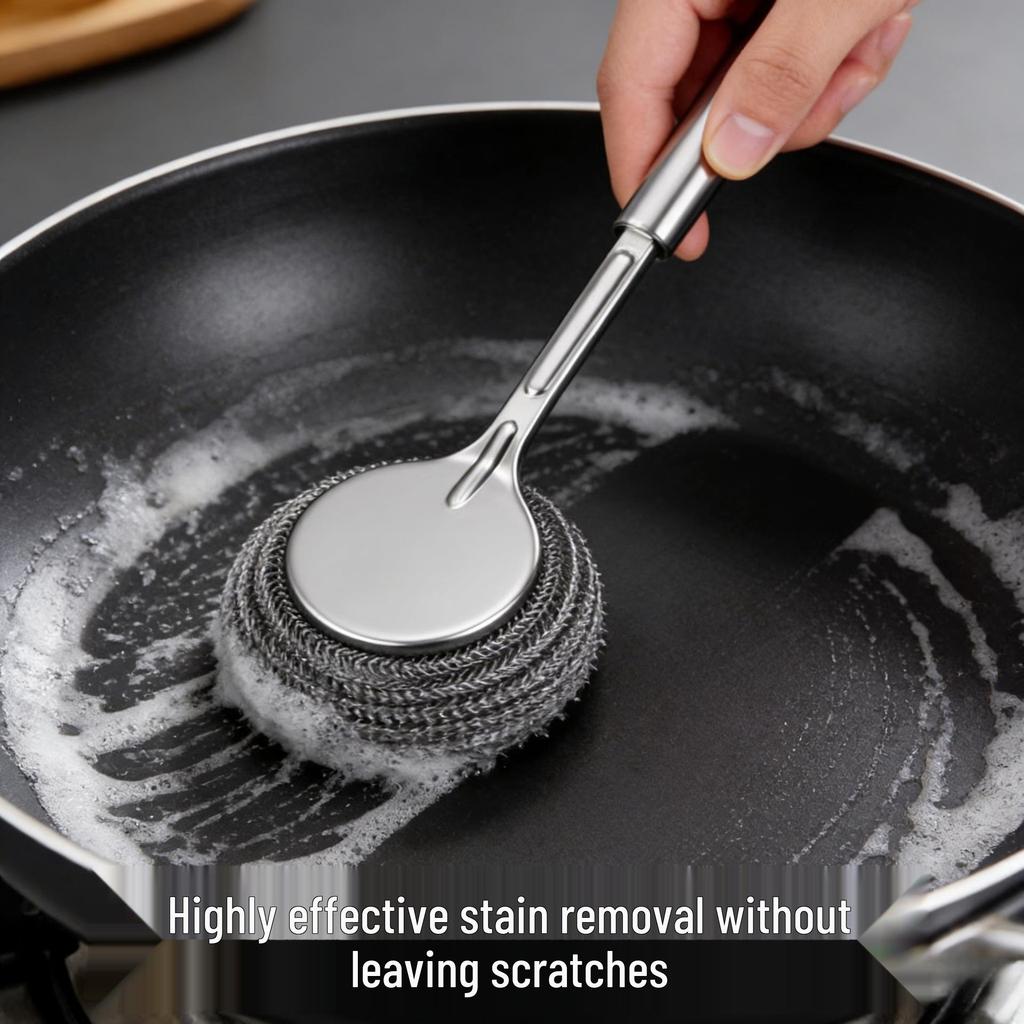Stainless Steel Pot Brush - Non-Scratch, Long Handle Cleaning Brush with Steel Wool Ball