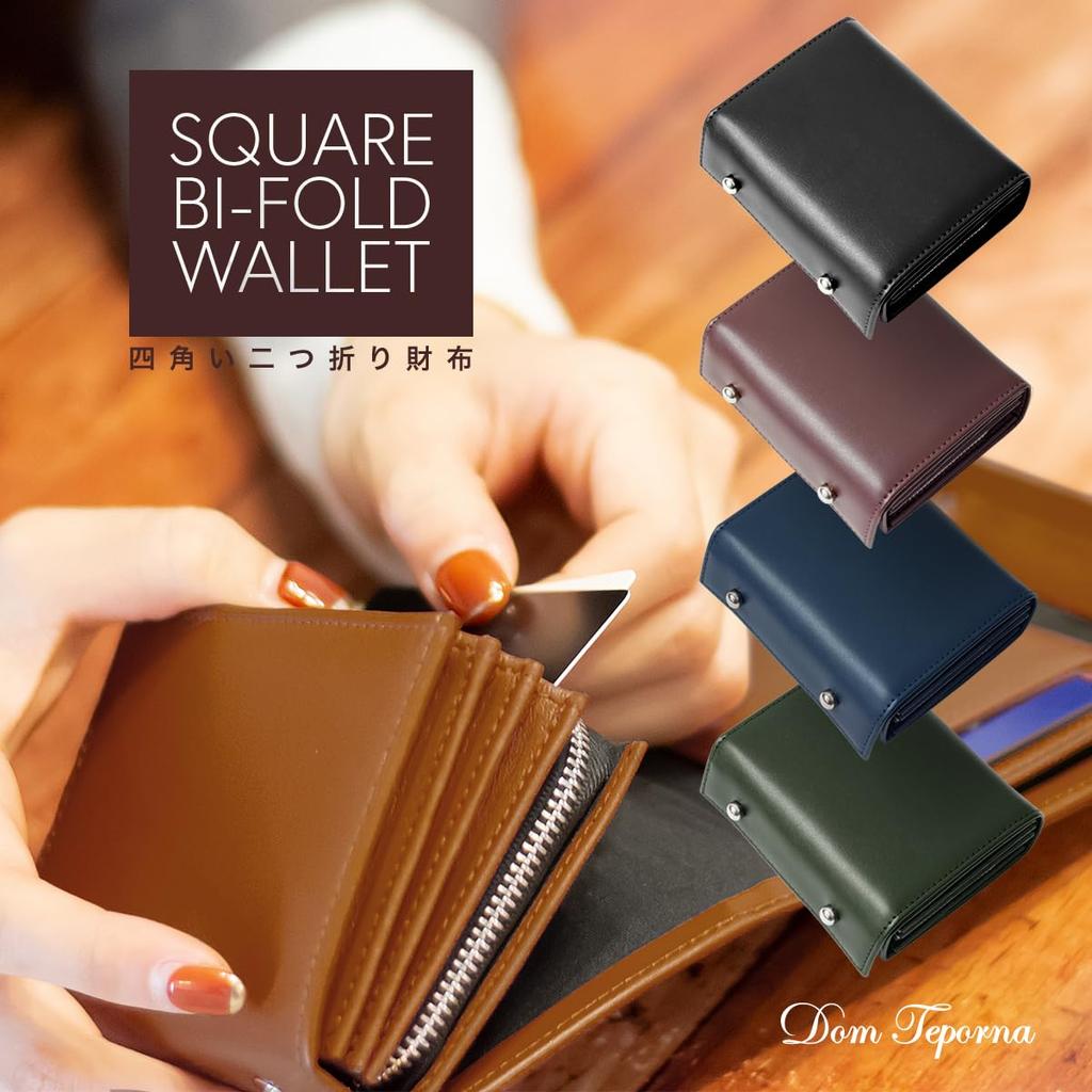 [Dom Teporna] Bi-fold Wallet for Men, Leather, Cowhide, Large Capacity, L-shaped Zipper, Small Wallet, Mini Wallet, Compact, Brown