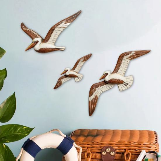 3 Pcs Wood Flying Pelican Wall Art Coastal Theme Nautical Wall Decor Rustic Beach Wooden Bird Sculpture for Living Room Bedroom Home Decor