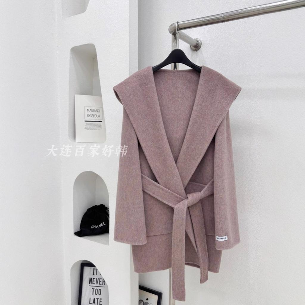 Pink hooded lazy loose double-sided wool coat short autumn and winter coat classic temperament elegant
