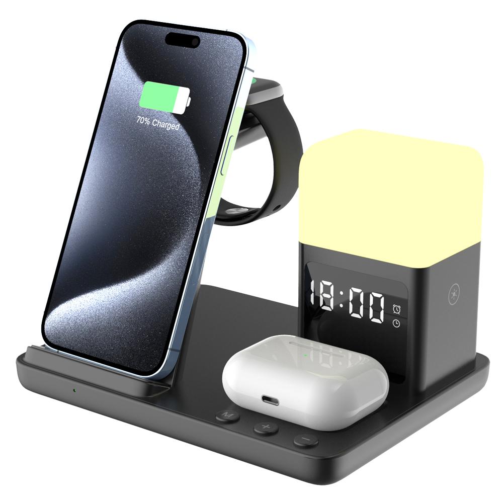 

Z18 6-in-1 Wireless Charger Phone Watch Earphone Charging Stand Night Light Alarm Clock Black