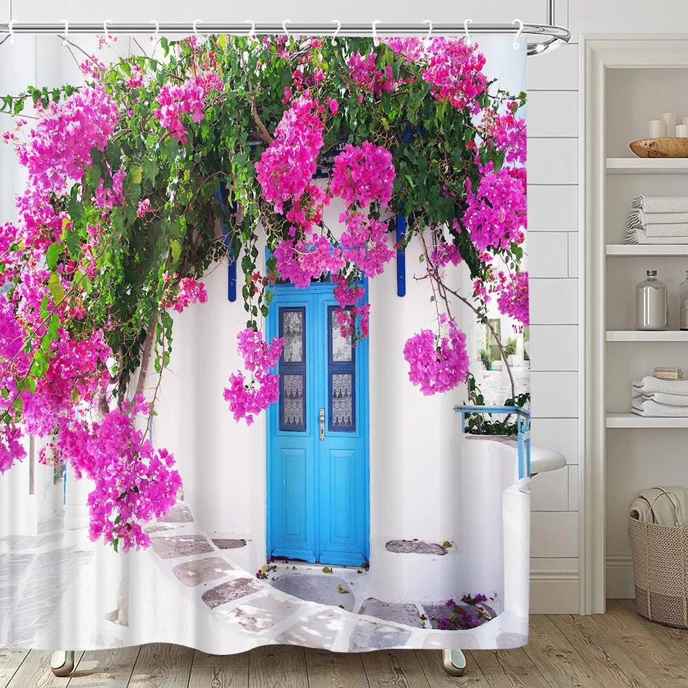 Greek Town Street View Shower Curtain Blue Wooden Doors Windows Flower Plant Wall Decor Bathroom Hanging Curtains Set With Hooks