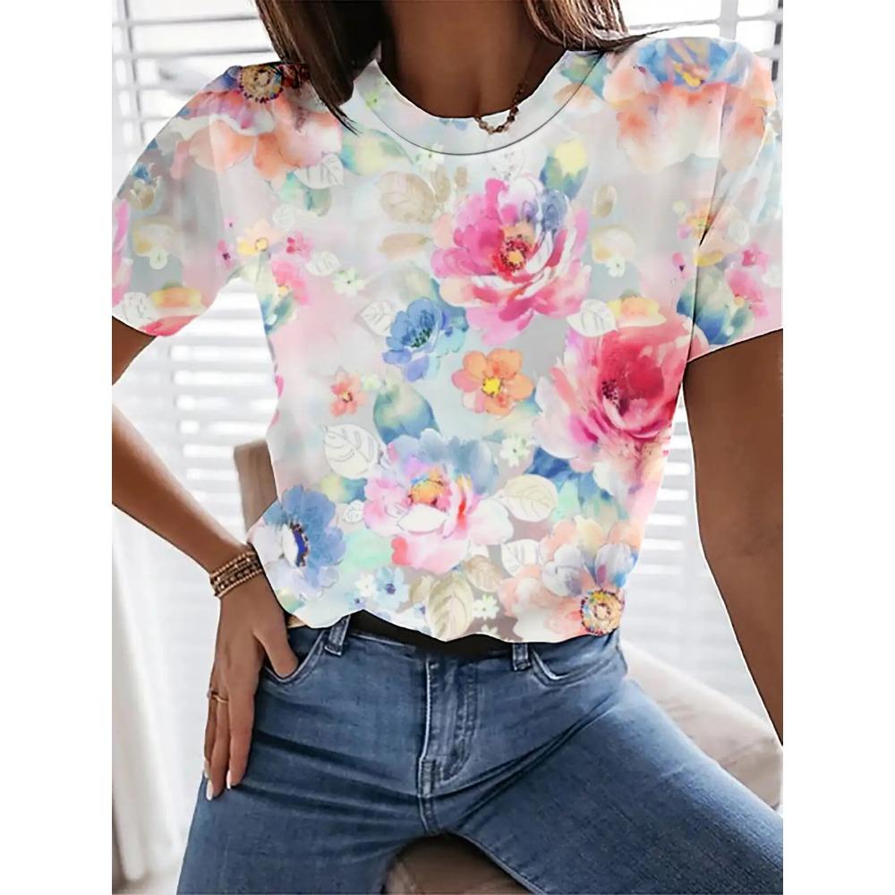 Y2K Summer Women's Kawaii Flower Print 3D Printed Shirt Fashion Casua Plus Size O-neck Top