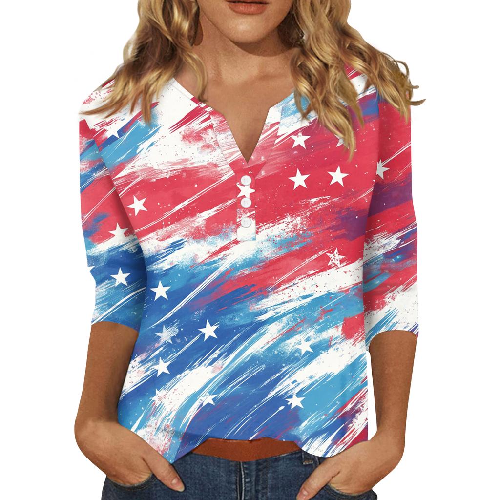 Women's Casual V Neck Button Three Quarter Sleeve T Shirt Top with Abstract Star and Stripe Print Suitable for Everyday Wear