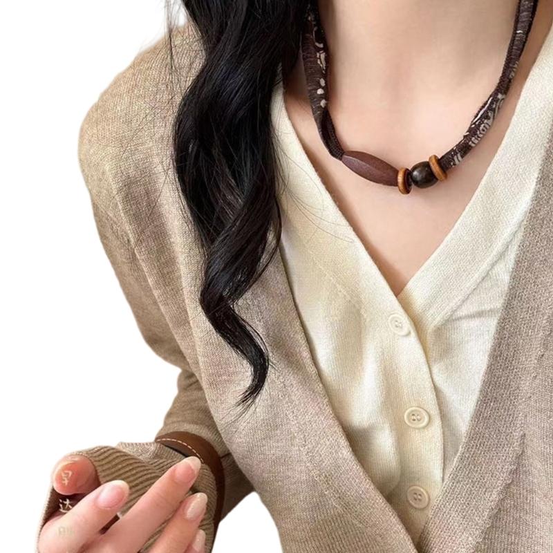 Artistic Retro Fabric Necklace Scarf Neckchain Feature Multicolor Beads Adjustable Length Daily Fashion Jewelry Gift