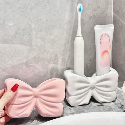 Porta-Escova de Dentes de Cerâmica com Laço Encantador Portátil Organizador de Banheiro Sem Furos para Escovas de Dentes e Pasta de Dentes para o Retorno às Aulas