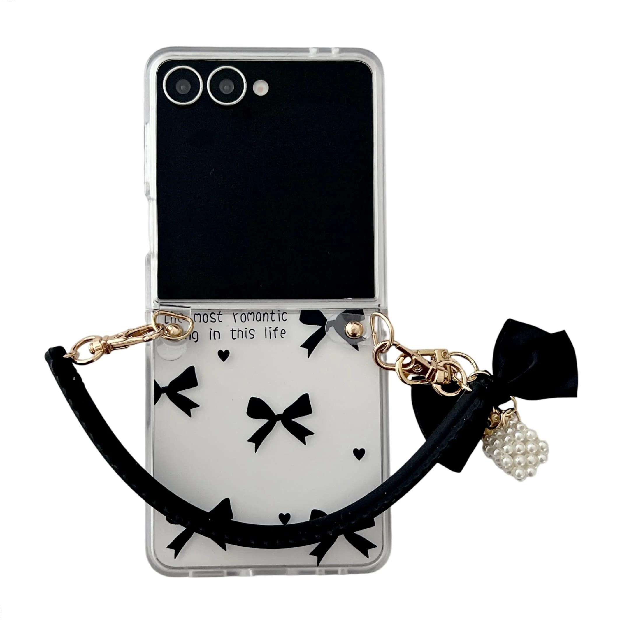 

Transparent Phone Case for Samsung Galaxy Z Flip 7 6 5 4 3 Flip7 Black and White Butterfly Bow Wrist Strap Protective Cover Galaxy Z Flip7 чистий