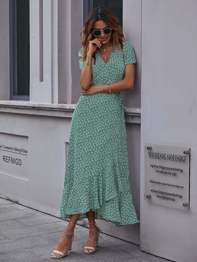 

Women s Fashion Printed Short-Sleeved Dress Long Skirt S