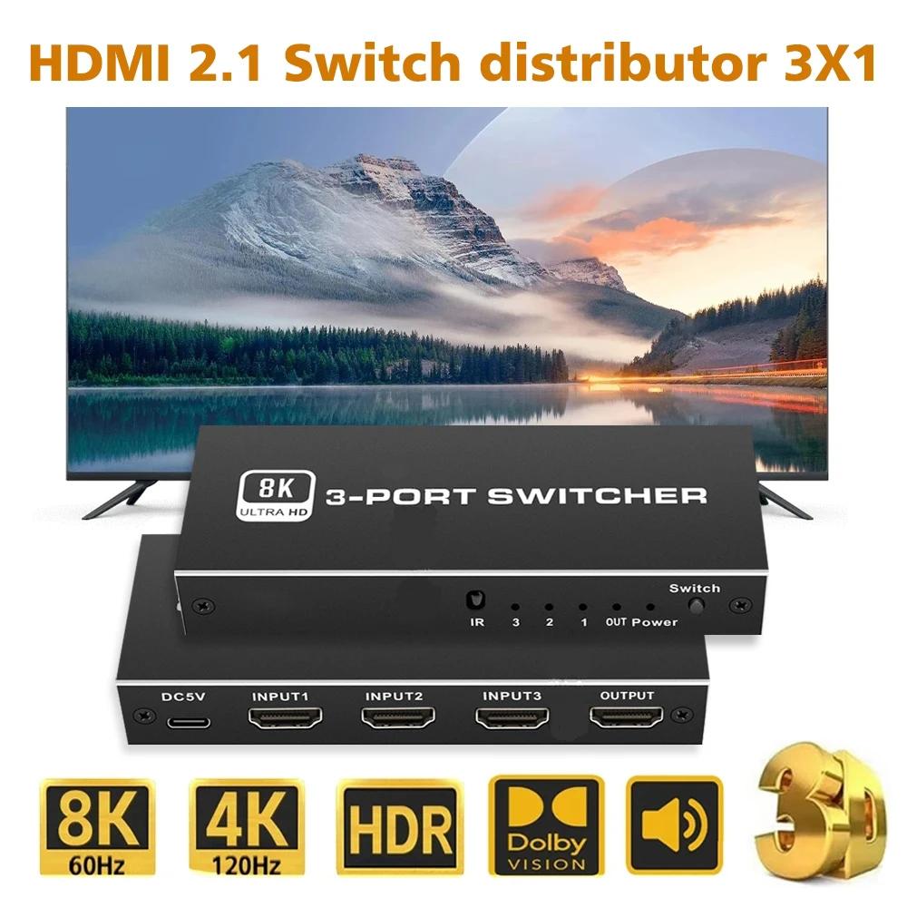 Q8Q3-3 HDMI 2.1 Switch 3x1 8K 4K 120Hz HDR Audio Video Synchronizer for Gaming/Home Theater