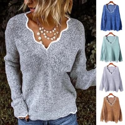 Women's Long Sleeve Sweater Loose Fit V-Neck Knitted Sweater Lady Casual Jumper Pullover