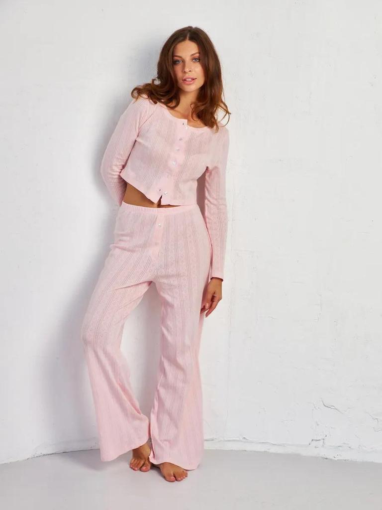 European Fashion Long Sleeve Jacquard Pajama Set with Hollow Design - Sexy Slim Fit Long Pants Home Wear