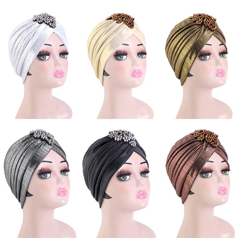 New Women's Luxury Diamond Turban Cap Muslim Indian Hat Bandana Elastic Beanies Chemo Cap African Hat Headwear