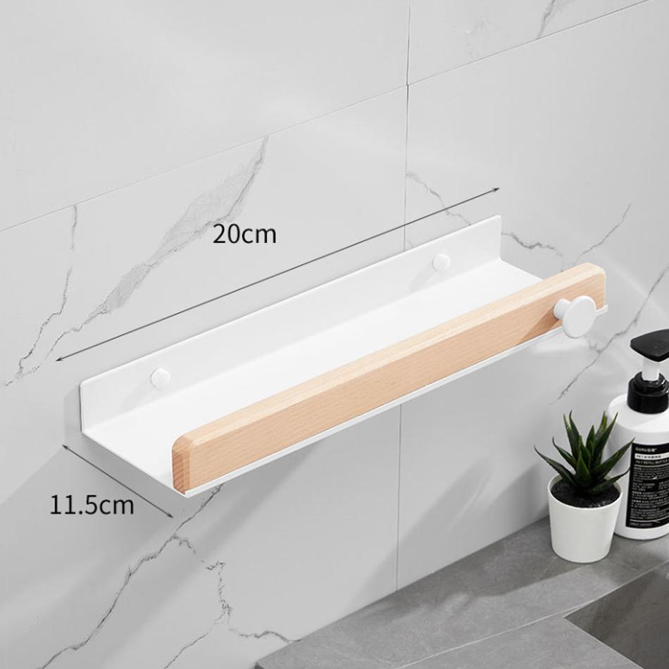 White Bathroom Shelf with Towel Bar Wood Aluminum Wall Mounted Lavatory Bath Shower Shampoo Soap Storage Holder Organizer Rack