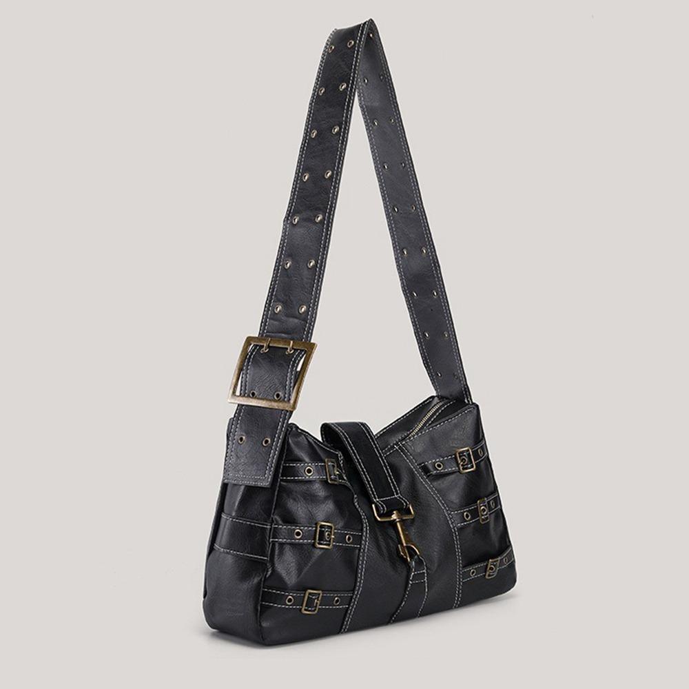 Y2K Retro Rivet Shoulder Bag Pu Leather Motorcycle Bag Trend Armpit Bag  Girls чёрный