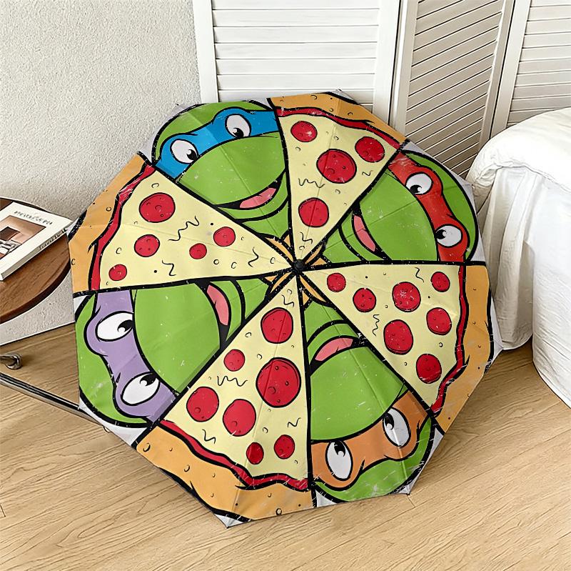 Pizza Party 8 Ribs 3Fold Black Glue Uv Protection Umbrella Sun Protection Rainproof Compact Folding Umbrella For Travel Daily Use C923562
