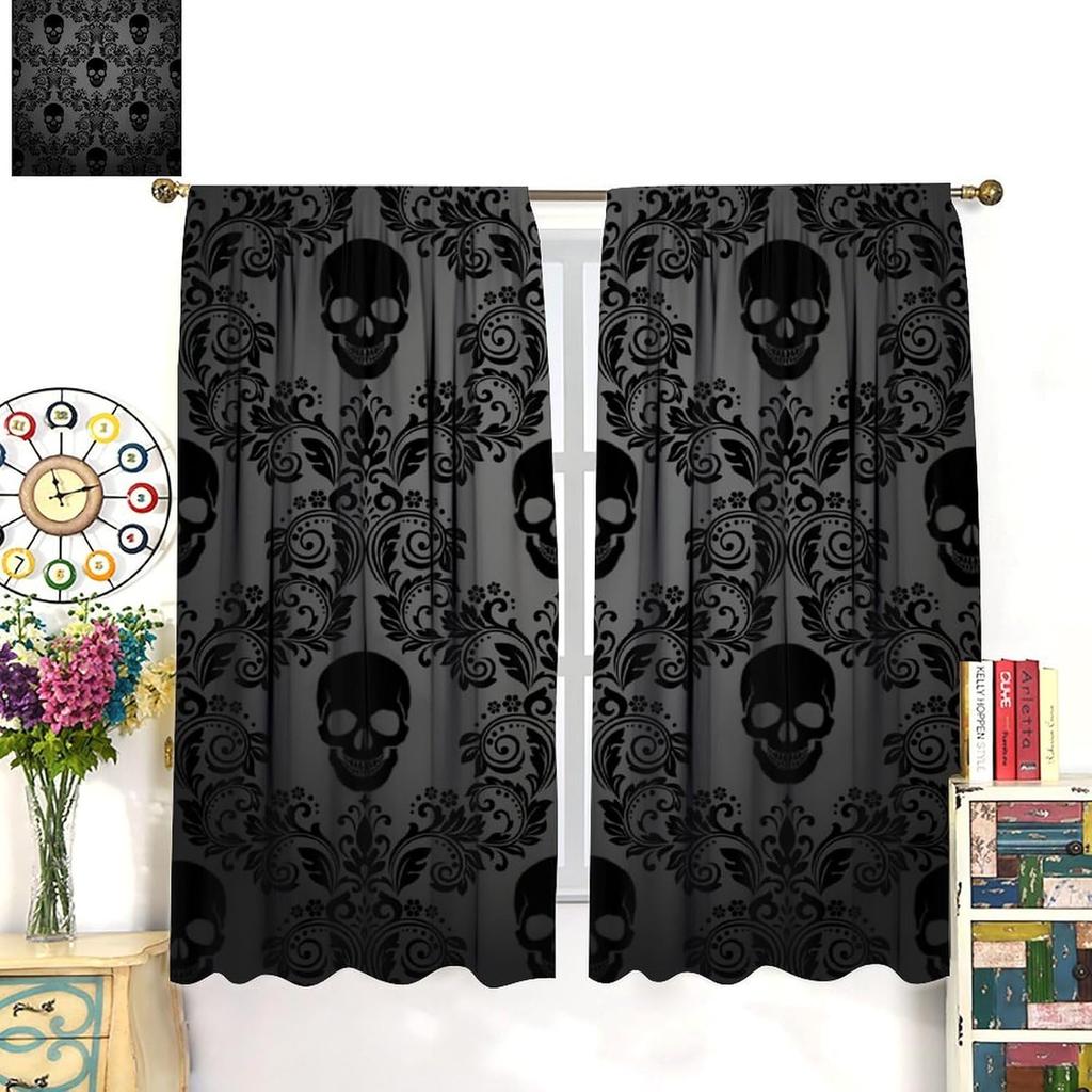 Gothic Black Damask Curtain Vintage Floral Exotic Suger Skull Window Treatments Bedroom Bone Skeleton Antique Bohemian Polyester Washable Ready