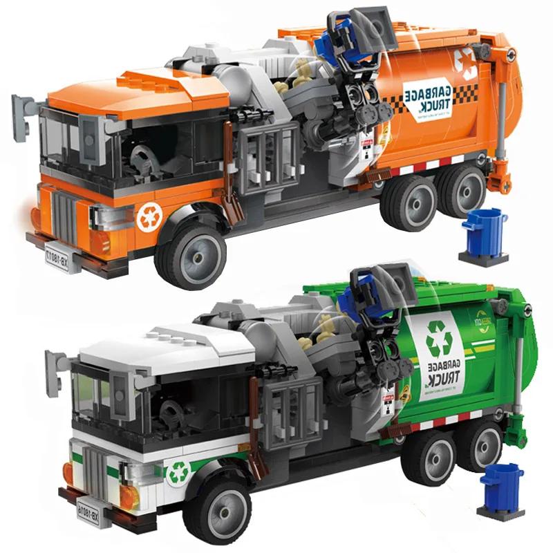 Awesome City Town Sanitation Garbage Truck Vehicle Car Building Blocks Kits Bricks Classic Model Assemble Toys for Boys Gift