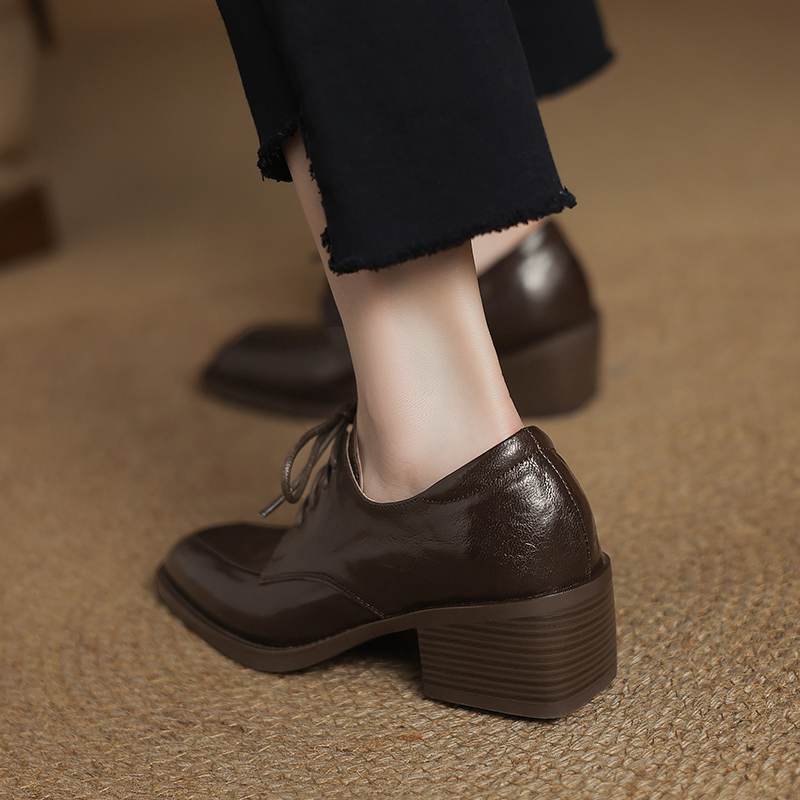 Krazing Pot Sheepskin Autumn Winter Shoes Lace Up Med Heels Size 42 Square Toe Brown Color Pumps