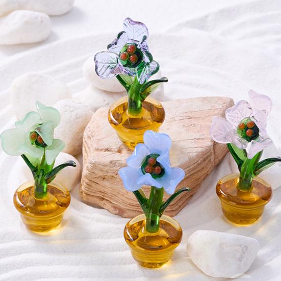 Mini Glass Flower Figurine Transparent Hand Blown Faux Crystal Flower Bouquet In Pot for Birthday Mother's Day Wedding Women Mom Office Home Table