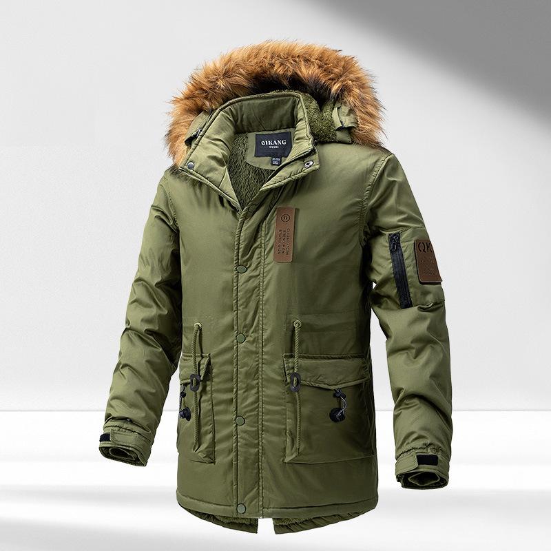 Langer Workwear-Baumwollmantel, Winter-Samt-verdickter großer Baumwollmantel, trendige Kapuzenjacke