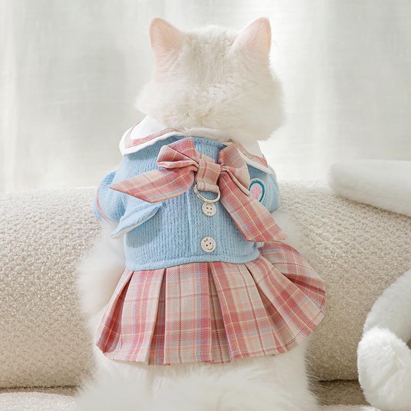 New autumn pet academy style uniform JK traction skirt two feet warm small dog dog clothing cat clothes