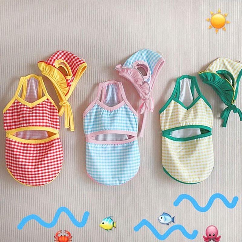 

Одежда для собак, летний купальник, жилет для маленьких щенков и кошек, одежда в клетку с тонким принтом, шапочка для плавания для собак, чихуахуа, Тедди, бичо для девочек