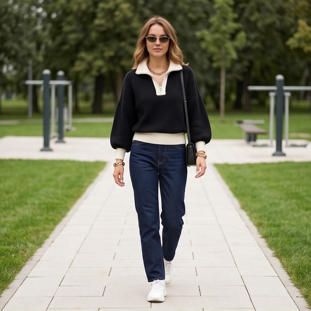Women's Color Block Half-Zip Turtleneck Knit Sweater Top for Casual Wear