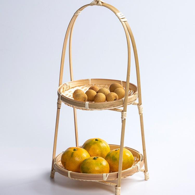 Envious Porcelain Bamboo Handled Basket - Round Handle Tea, Pastry, & Fruit Tray, Creative Multi-Layer Small Basket