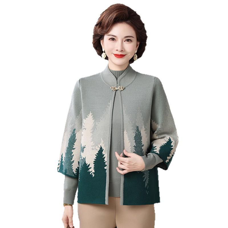 Mom’s Chinese Style Knit Cardigan Set for Autumn & Winter - Elegant Fashion for Middle-Aged and Elderly Women