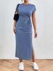 Women's Striped Midi Dress with Tie Waist and Side Slit