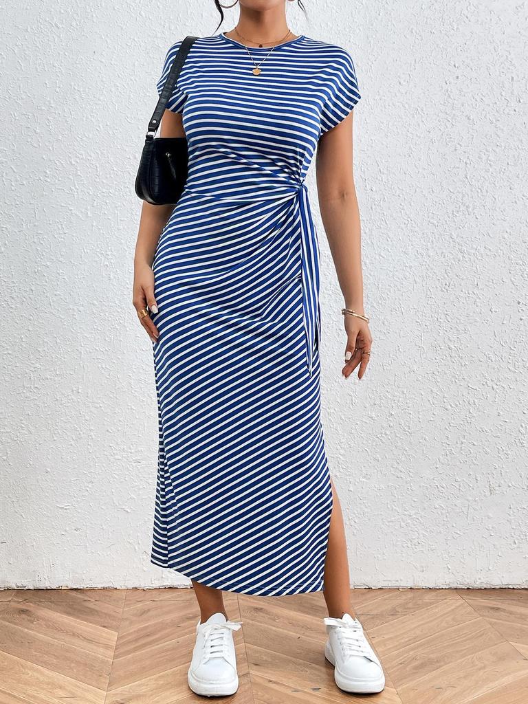 Women's Striped Midi Dress with Tie Waist and Side Slit