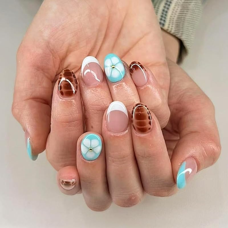 30 Pcs Orange Press on Nails Short Almond, YIHONGYAN Spring Reusable Fake Nails with 3D Flowers Gilded Design Acrylic Nail Kit Glue on Nails Full