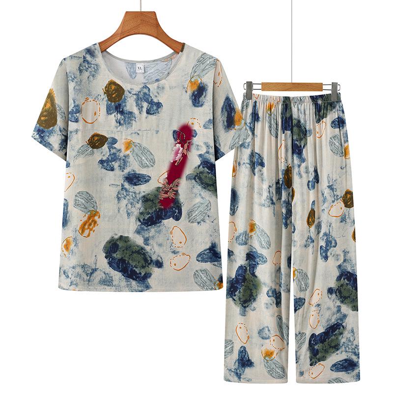

Women s Summer Short-Sleeve Two-Piece Set - Lightweight Nine-Point Pants, Perfect for Casual Home Wear, Ideal for Middle-Aged and Elderly Moms XL (80-100 jin)