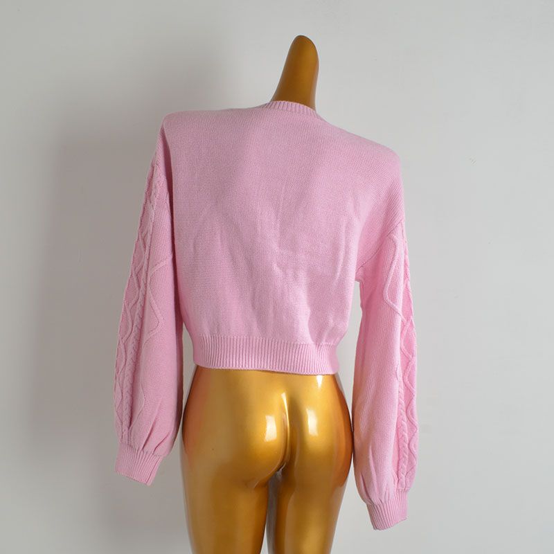 Export Tail Single Pure Color Round Neck Single Breasted Knitting Cardigan Women's Clothes Spring & Fall Slim-Fit Short Long Sleeve Coat Top