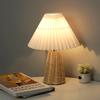 European Bedroom Table Lamp Bedside Nightstand Light Handmade Rattan Pleated Aesthetic Vintage Lamp Decorative Room Night Light