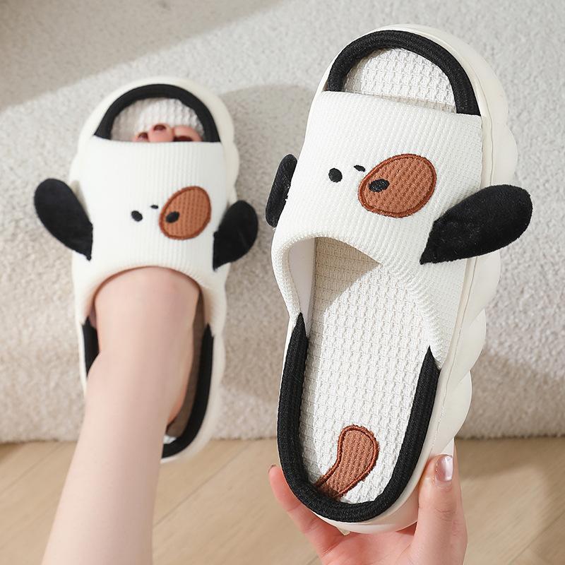 Linen slippers cute puppy cotton and linen four-season slippers couple soft bottom non-slip sweat-absorbing slippers