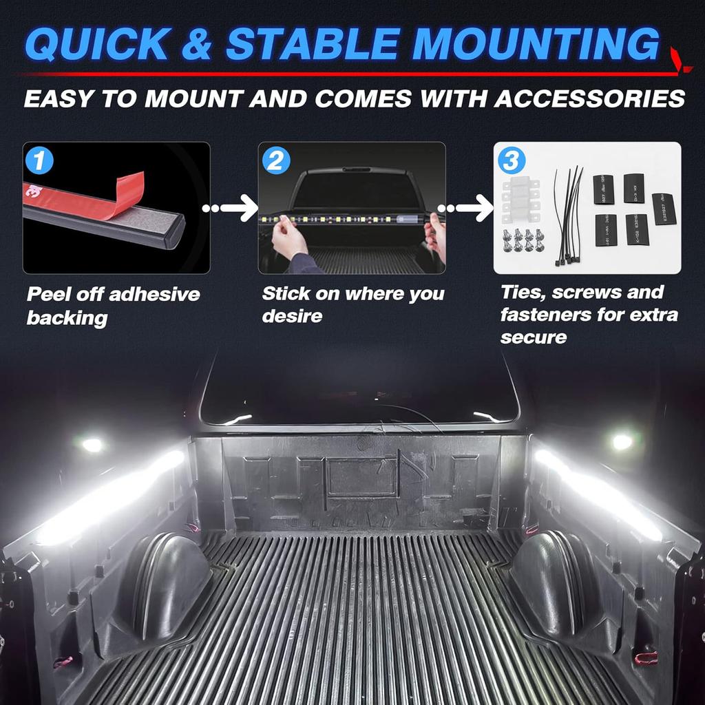 MICTUNING 2Pcs 60 Inch White LED Cargo Truck Bed Light Strip Lamp Waterproof Lighting Kit With On-Off Switch Fuse 2-Way Splitter Cable Compatible