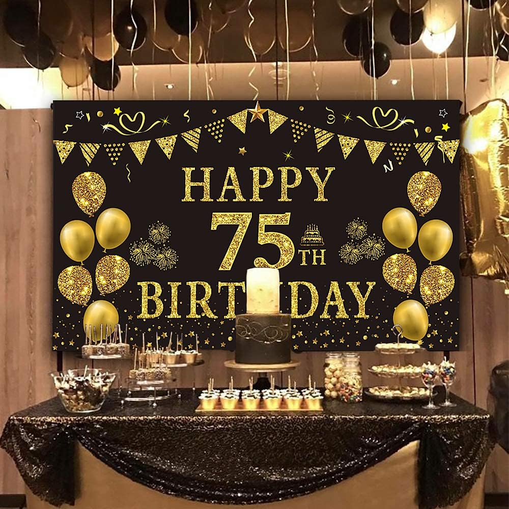 Trgowaul 75th Birthday Backdrop Gold and Black 5.9 X 3.6 Fts Happy Birthday Party Decorations Banner for Women Men Photography Supplies Background