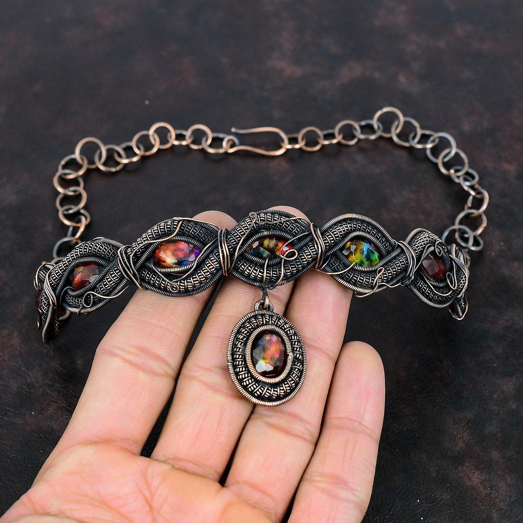 Faceted Ammolite Gemstone Necklace Copper Wire Wrapped Handmade Necklace Adjustable Chain Necklace Ammolite Copper Jewelry Gifts For Women