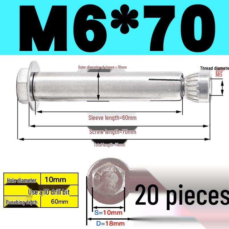 Stainless Steel Expansion Screw: Hexagonal Head with Internal Expansion (304/201), Sizes M6, M8, M10, M12.