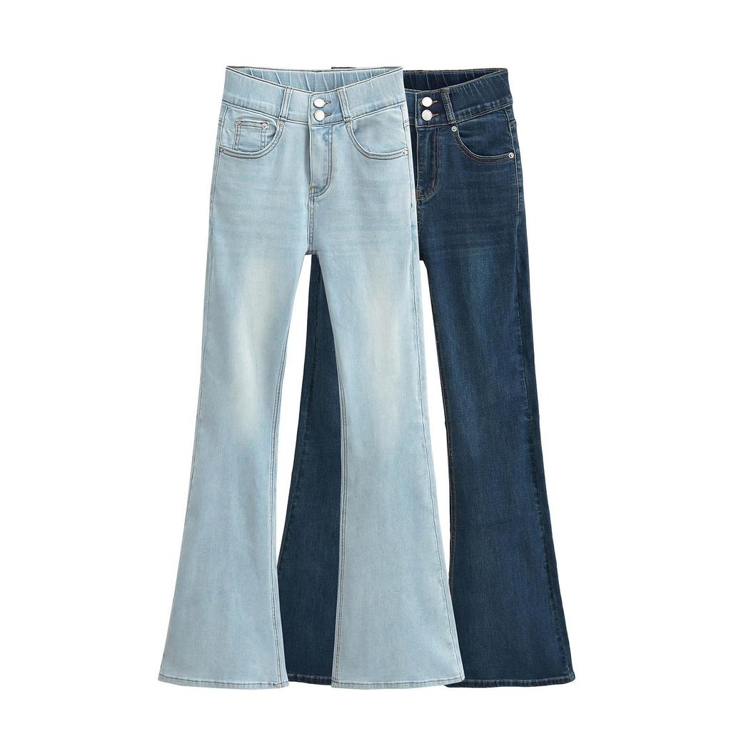 Damen 2024 High Waist Stretch Jeans mit Hüftpads - Doppelt geknöpftes Schlaghosen-Design