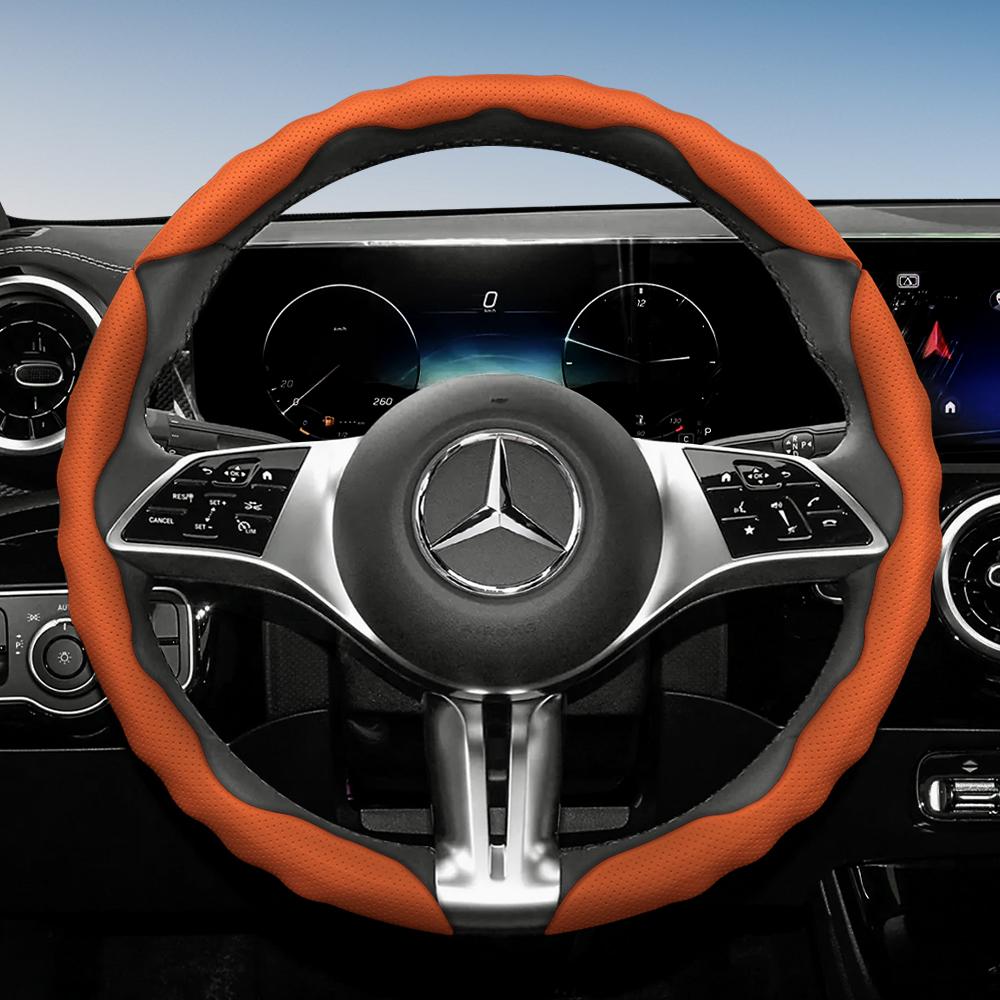 Steering Wheel Cover for Mercedes-Benz, Wave-Shaped Sporty Design, Breathable Leather, Segmented, Non-Slip, Sweat-Absorbing Protective Case