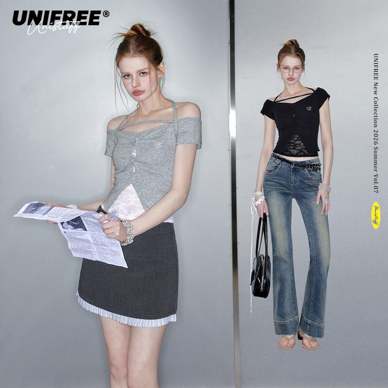 UNIFREE Halter Strap One-Shoulder Slim Fit T-Shirt L