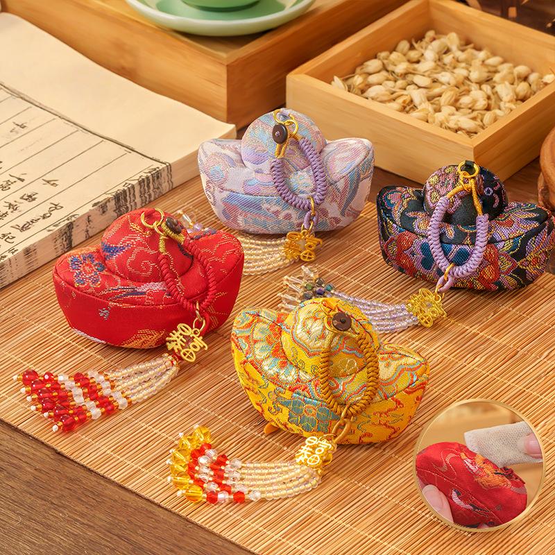 Song Brocade Sachet Pendant Handmade Vintage Yuanbao Embroidery Pendant Gift Lucky Bead Tassel Chinese Style Hanging Decoration