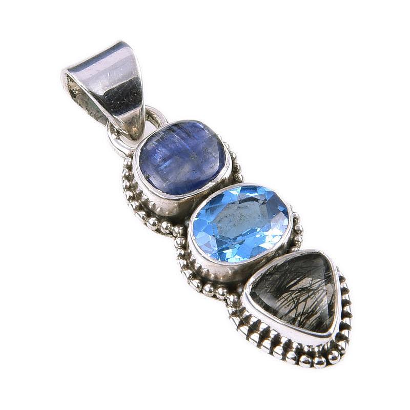 Topaz Albastru Natural , Kianit Argint Sterling Solid 925 Cadou Pandantiv 1.50'' A8n52